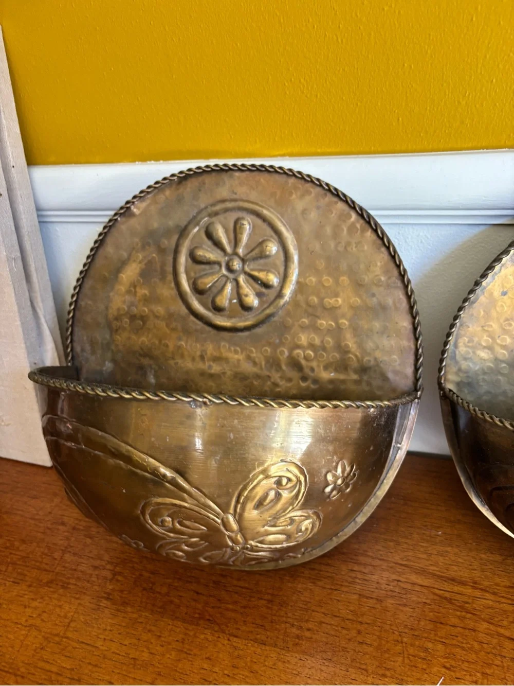 Set of three brass wall pocket hanging plant holders vintage butterfly flower